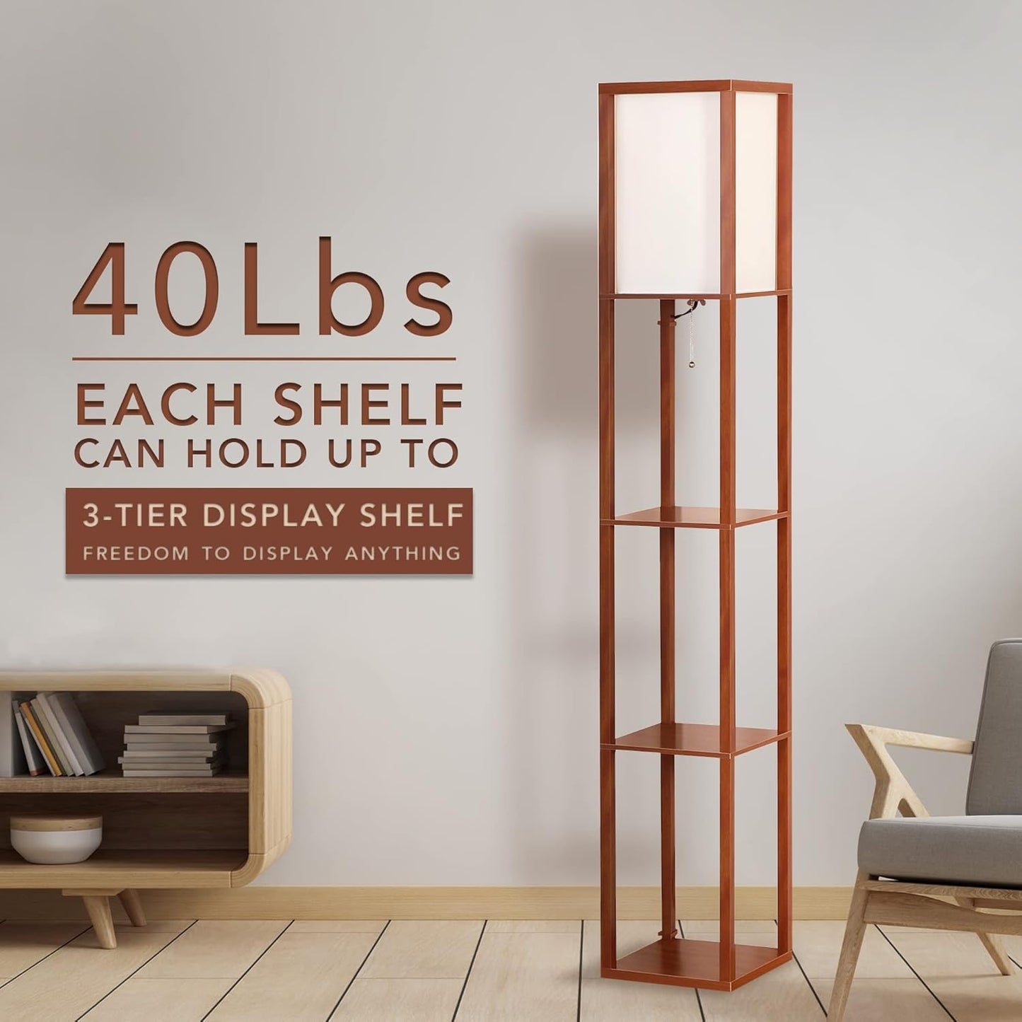 ATAMIN Avery - 63" Floor Lamp with Shelves, Modern Shelf Lamp for Bedroom and Living Room, Tall Standing Lamp with Shelves, Bedside Floor Lamp for Reading, White