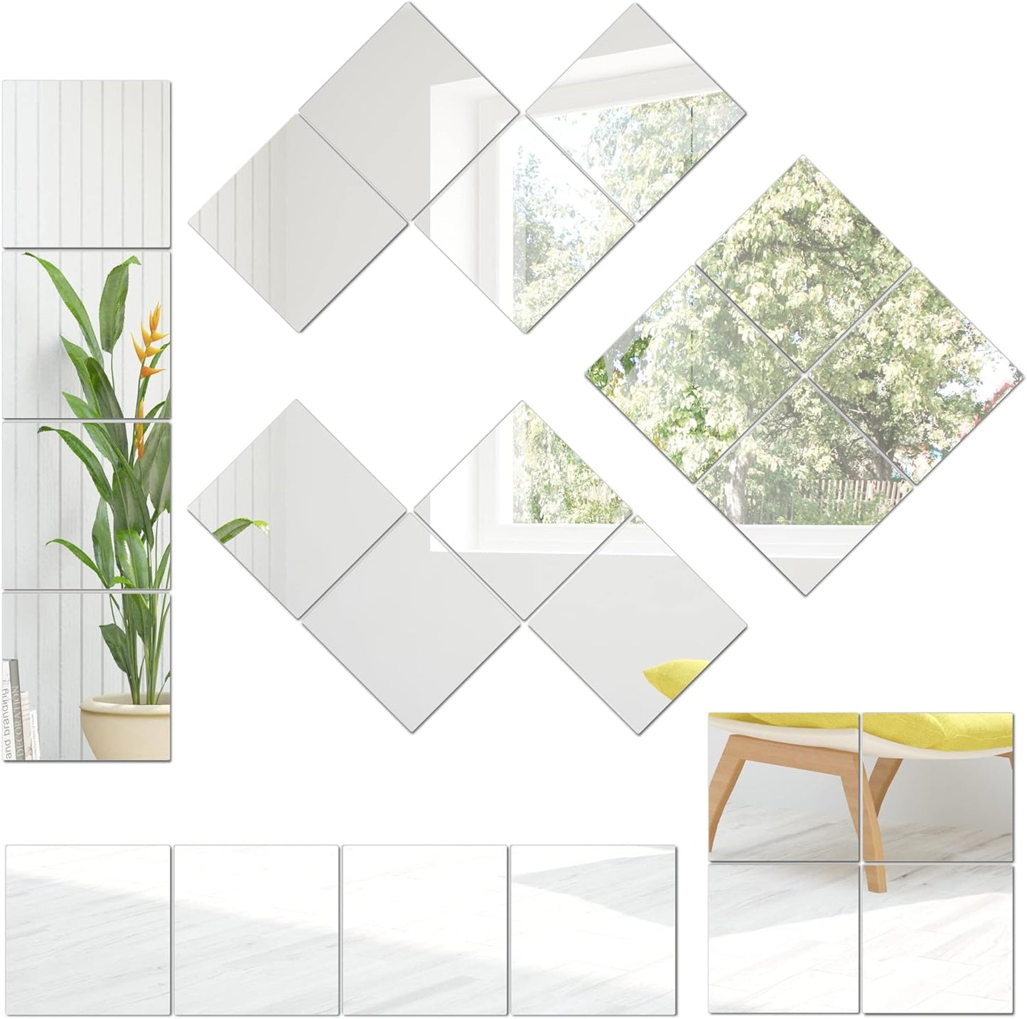 Glass Full Length Mirror Tiles, 4 PCS 12X12 Inches, High Definition Wall Mirrors, Frameless Mirror Tiles, Wall-Mounted Mirrors for Living Room, Bedroom, Bathroom, Home Gym