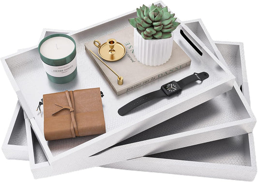 Set of 3 Serving Tray with Metal Handles, Rectangular Decorative Coffee Table Tray, Faux Leather Vanity Perfume Tray, Ottoman Tray for Food, Coffee, Breakfast, Dessert, Jewelry (Silver)