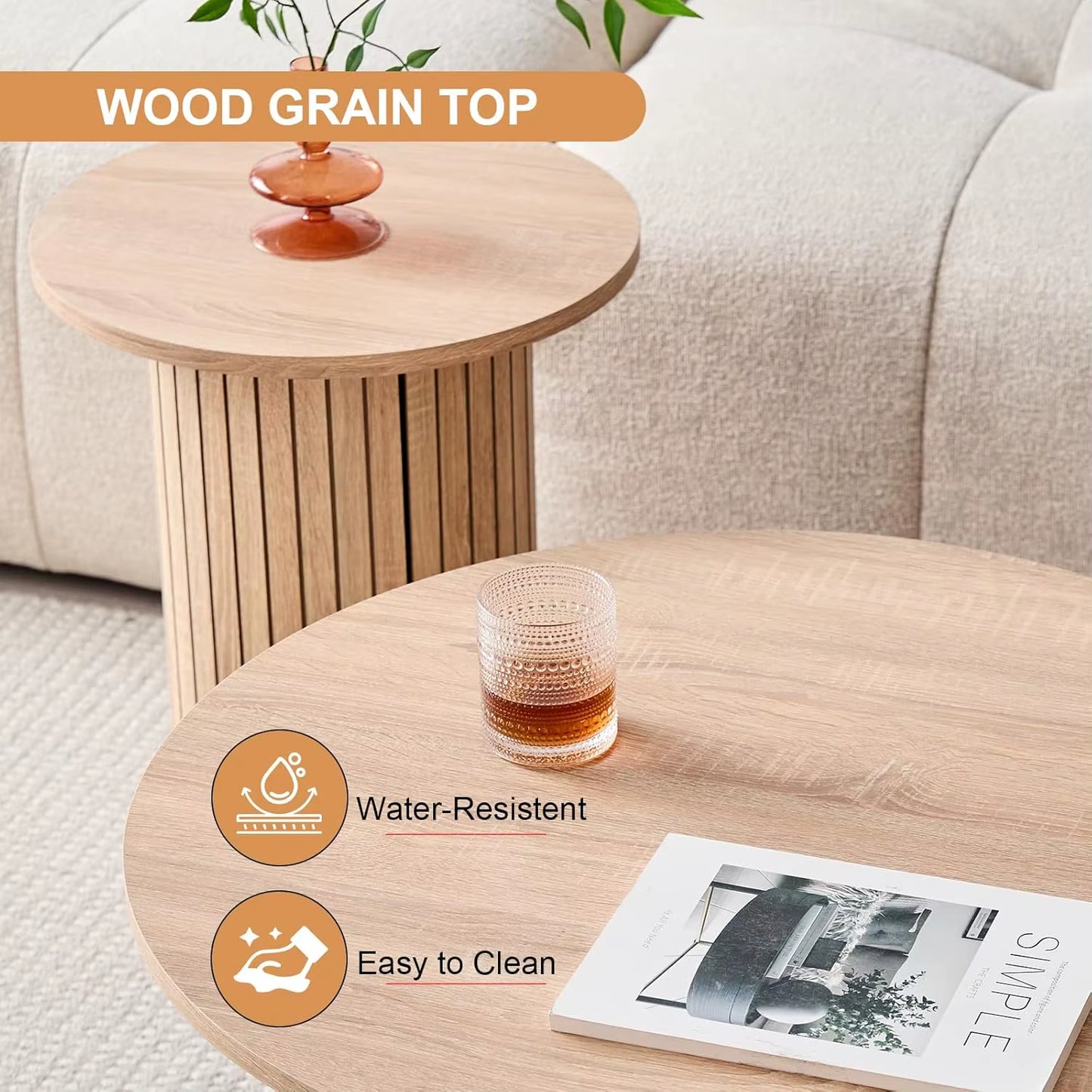 Round Nesting Coffee Tables Set of 2 -Φ27.6 Large Short + Φ15.8 Small Tall Boho Circle Side Tables with Fluted Drum Design