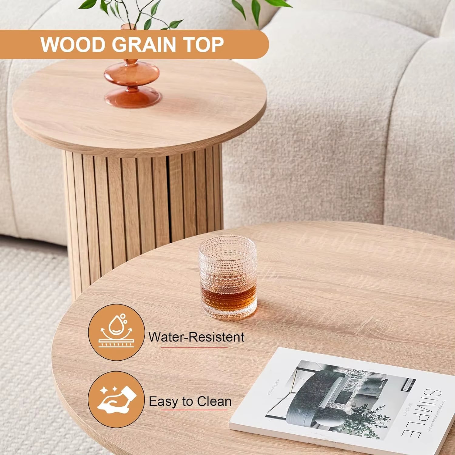 Round Nesting Coffee Tables Set of 2 -Φ27.6 Large Short + Φ15.8 Small Tall Boho Circle Side Tables with Fluted Drum Design