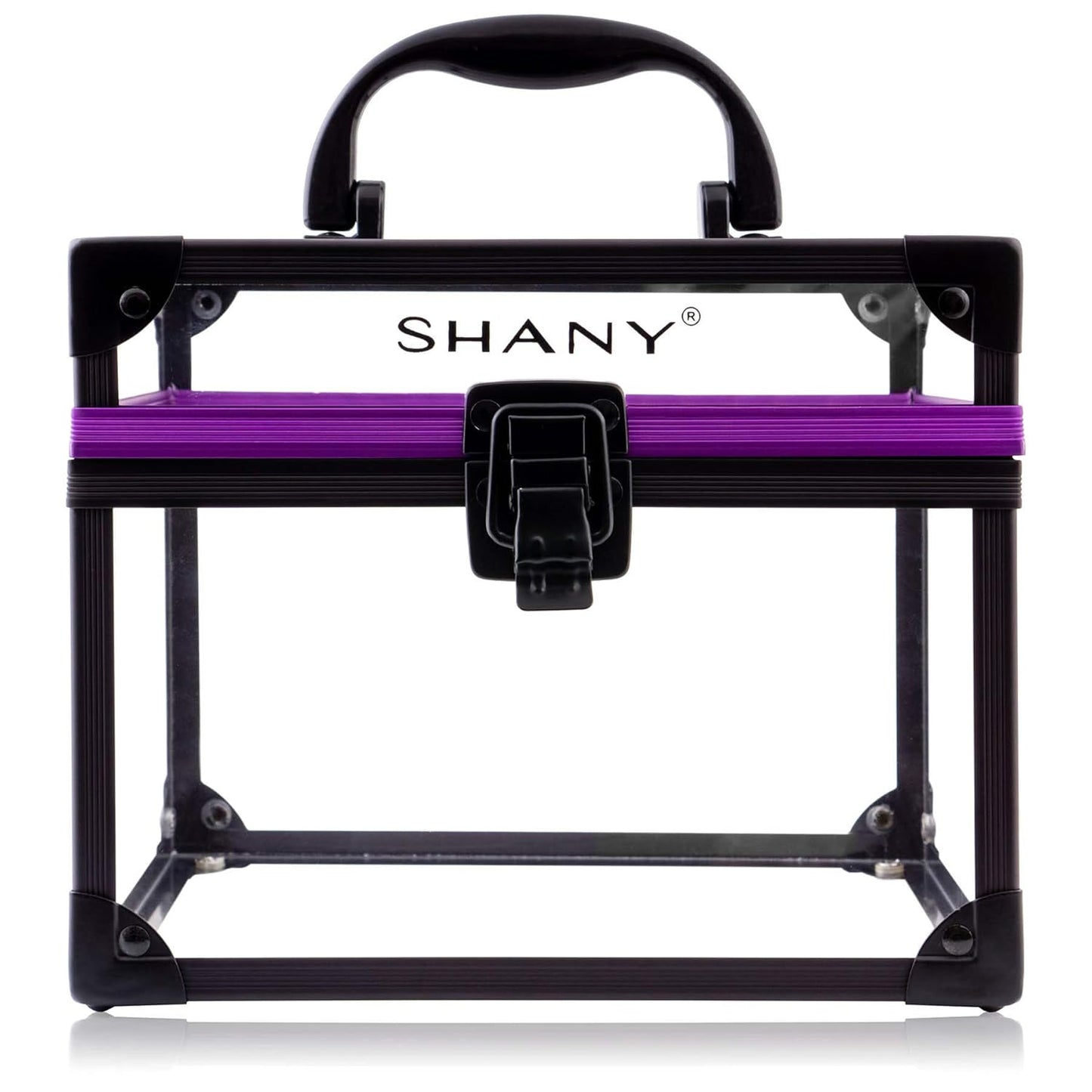 SHANY Clear Cosmetics and Toiletry Train Case - Clear Travel Makeup Bag Case Organizer with Secure Closure and Black/Purple Accents - Large