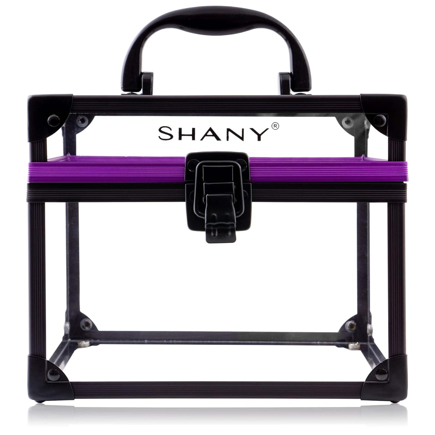 SHANY Clear Cosmetics and Toiletry Train Case - Clear Travel Makeup Bag Case Organizer with Secure Closure and Black/Purple Accents - Large