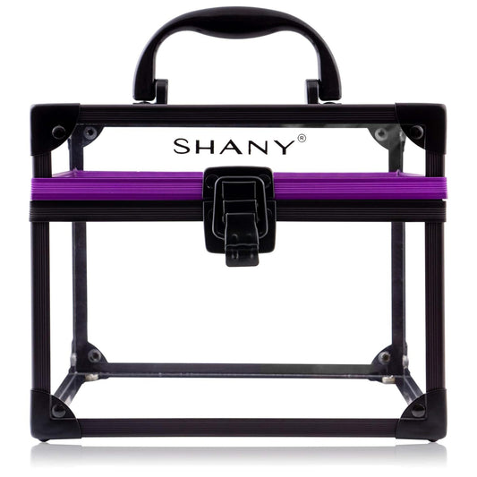 SHANY Clear Cosmetics and Toiletry Train Case - Clear Travel Makeup Bag Case Organizer with Secure Closure and Black/Purple Accents - Large