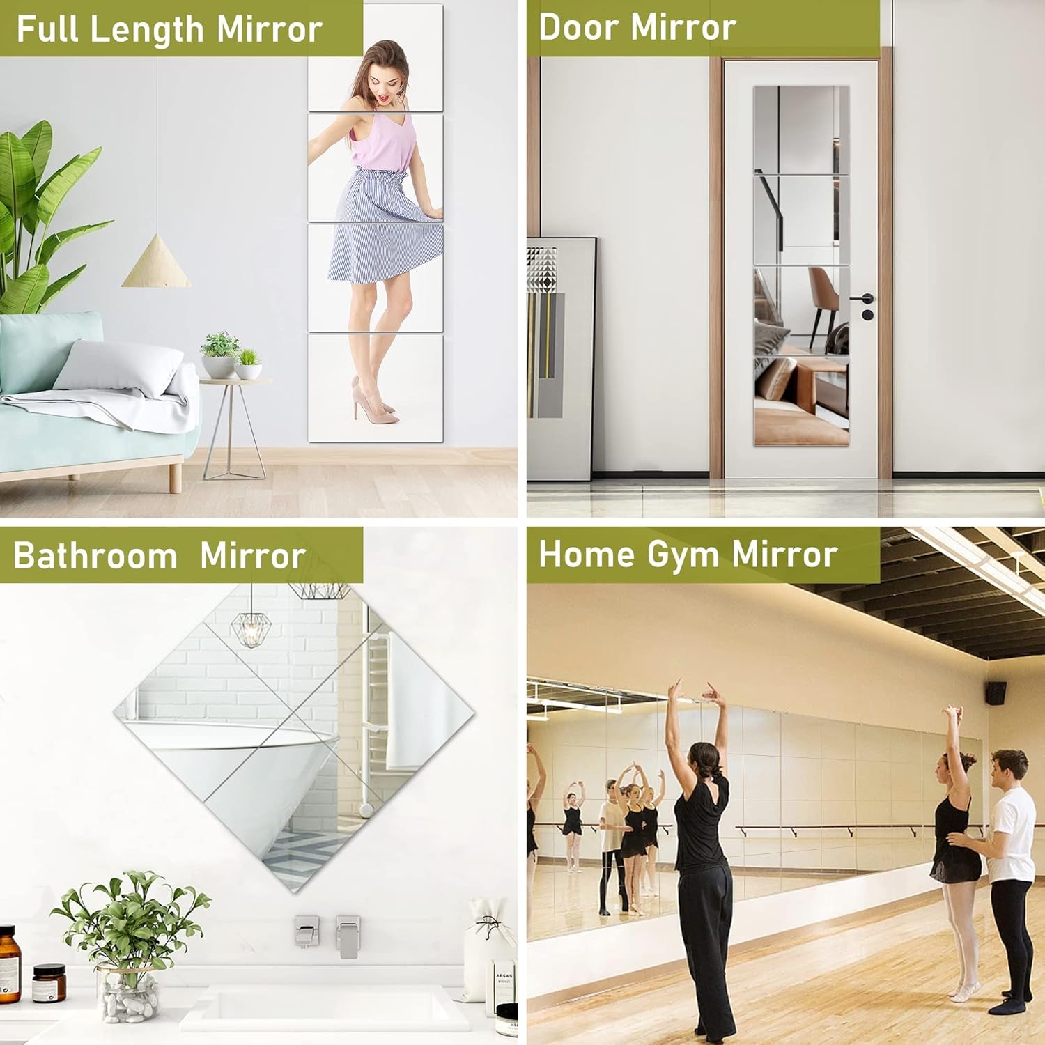 Glass Full Length Mirror Tiles, 4 PCS 12X12 Inches, High Definition Wall Mirrors, Frameless Mirror Tiles, Wall-Mounted Mirrors for Living Room, Bedroom, Bathroom, Home Gym