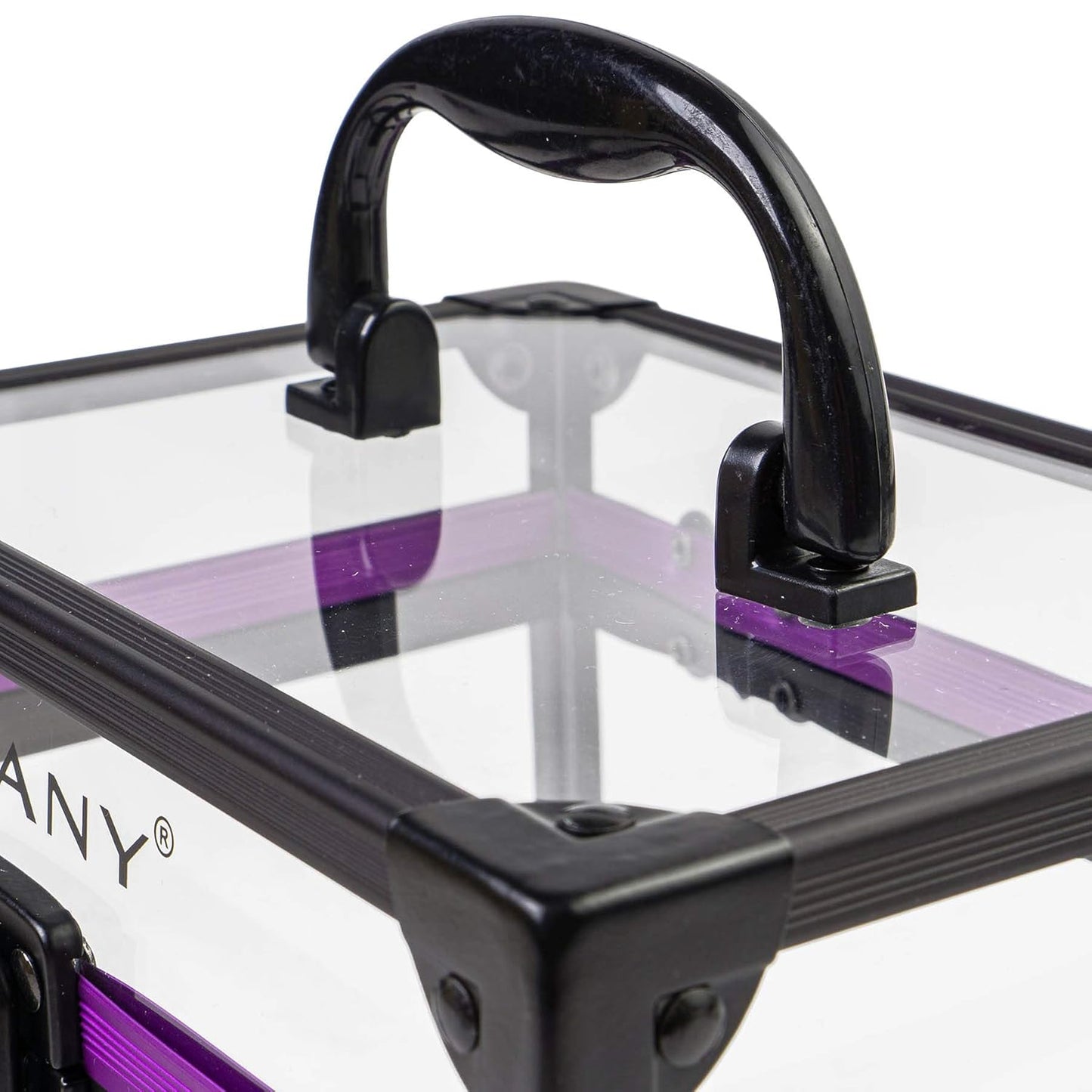 SHANY Clear Cosmetics and Toiletry Train Case - Clear Travel Makeup Bag Case Organizer with Secure Closure and Black/Purple Accents - Large