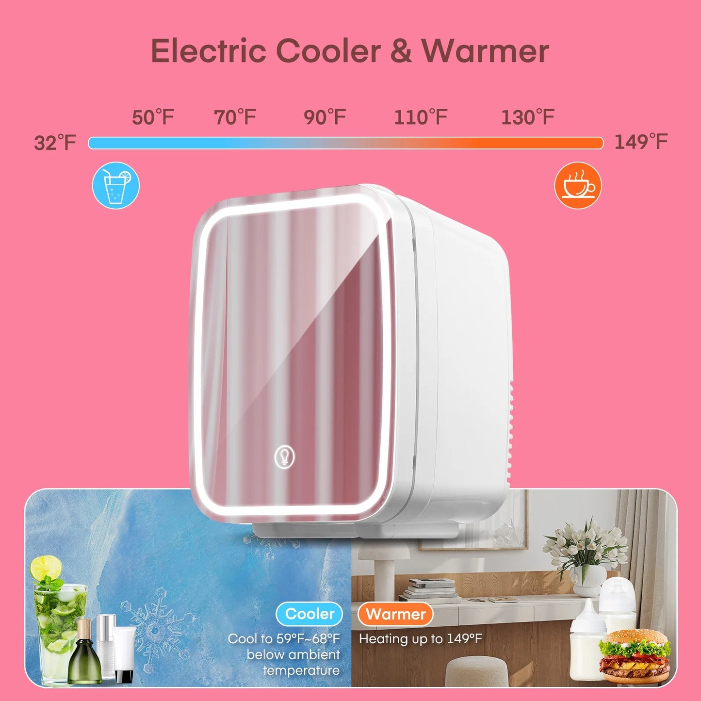 5 L Mini Fridge for Dorm, Small Bedroom Refrigerator Led Mirror Door with 3-Mode, Cooler & Warmer, White