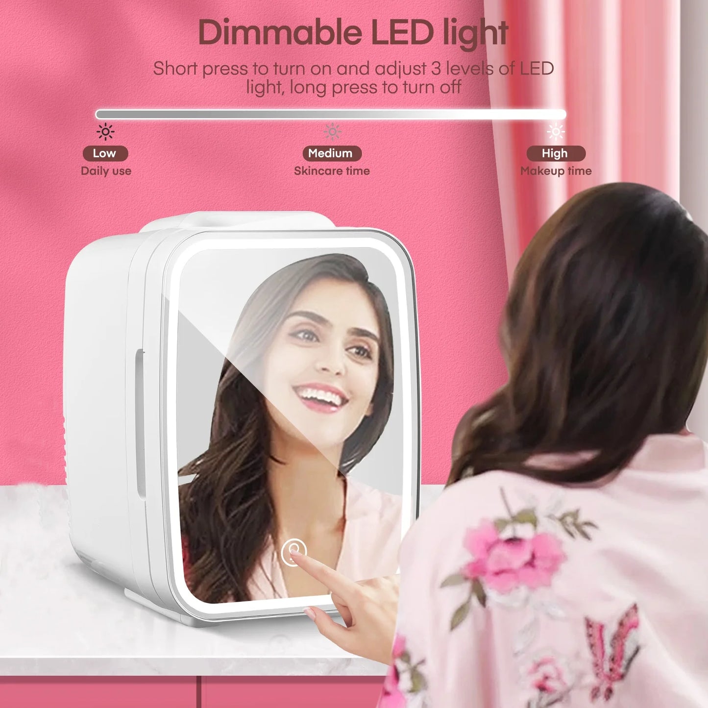 5 L Mini Fridge for Dorm, Small Bedroom Refrigerator Led Mirror Door with 3-Mode, Cooler & Warmer, White