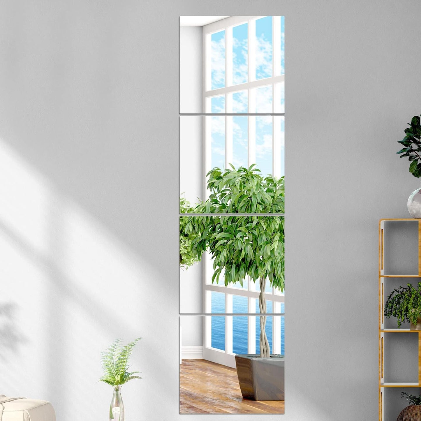 Glass Full Length Mirror Tiles, 4 PCS 12X12 Inches, High Definition Wall Mirrors, Frameless Mirror Tiles, Wall-Mounted Mirrors for Living Room, Bedroom, Bathroom, Home Gym