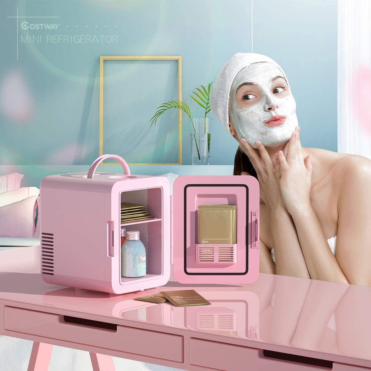 ARLIME Mini Fridge, 4 Liter Skincare Refrigerator, Beauty Small Compact Refrigerator, Portable Beer Fridge, Low Noise Cooler and Warmer with AC/DC Power for Bedroom, Dorm, Cars, Office (Pink)